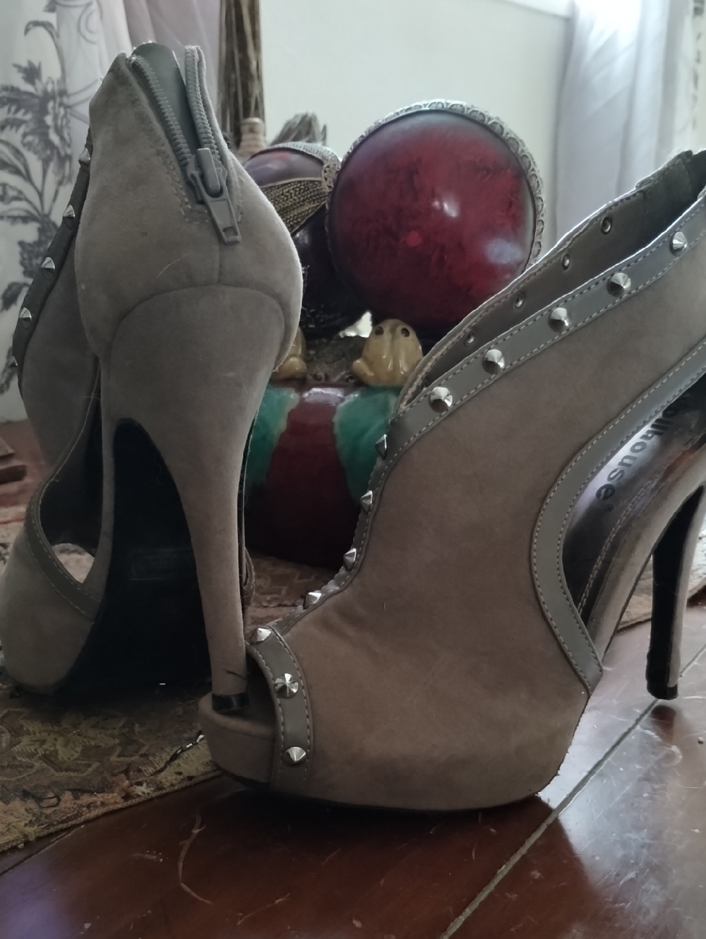 Dollhouse Taupe Suede Studded Peep-Toe Stiletto Heels